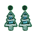Handmade beaded Christmas tree earrings with blue stones and pearls on a white background - Style 6 (Dark Green Beaded Tree)