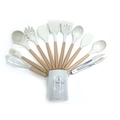 11-piece white silicone kitchen utensil set with wooden handles and storage bucket - Small Bucket Style / Cream