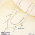 Collar de doble capa en acero inoxidable plateado con cruz y cadena de serpiente plana - Estilo Acero (KN299163-Z)