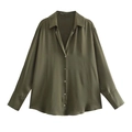 Detailed view of olive green satin shirt fabric with silky texture and buttoned cuffs - XS / Dark Khaki