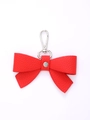 Elegant red leather bow keychain with crystal decoration and silver metal lobster clasp - Red