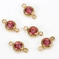 Pink round crystal charm with golden stainless steel frame and double connectors - 10pcs/Pack / Pink