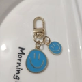 Blue smiling face keychain with golden lobster clasp and colorful drip oil pendants - Small & Large Set Blue