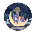 Round dimmable night light featuring a cartoon girl and monsters on a moon boat - Jungle Elf / One-button Switch Warm Light Stepless Dimming