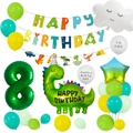 Detail of dinosaur birthday set with green number 8 balloon and party decorations - Number 8 Style