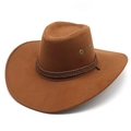 Classic brown faux suede western cowboy hat with wide brim and woven cord decoration - M (56-58cm) / Light Coffee