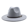 Detail of light gray wool fedora featuring a brown leather band and silver metal buckle - M (56-58cm) / Light Gray