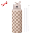 Borraccia sportiva 1L in acciaio inox a scacchi beige con manico e cannucce kit - Tè al Latte 46A