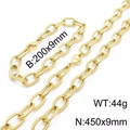 Gold stainless steel 9mm twisted cable link chain necklace and bracelet jewelry set - Gold (450x9mm)