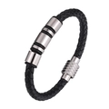 Men's braided black leather bracelet with silver stainless steel magnetic clasp and rings - 19cm / Steel