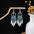 Bohemian silver drop earrings with blue turquoise beads and metal feather charms - Silver + Turquoise + Feather (E5812-2/Green)