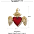 Detailed size diagram of red enamel heart pendant with golden zircon wings and crown - Style VH611 (30x29mm/5.2g)