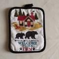 Thick cotton pot holder with black bear design and black hanging loop for kitchen - Bear