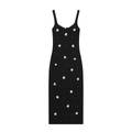 Elegant black knitted midi cami dress with white daisy floral embroidery on white background - S / Black