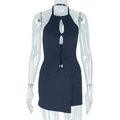Detail of black two-piece set featuring cutout halter top with bow and bodycon skirt - S / Black