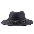 Close-up of black straw cowboy hat featuring a leather band with rivets and metal badge - Black