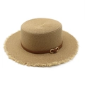 Women's Raffia Boater Hat with Frayed Edge and Brown Leather Belt for Summer Sun Protection - M (56-58cm) / Khaki