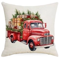 Detail of Santa Claus pillow case featuring a red truck watercolor print on linen fabric - Red Christmas Truck / 45*45cm Single-sided Linen