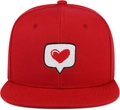 Close-up of red flat brim cap with detailed heart embroidery on red twill cotton fabric - Adjustable / Red
