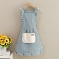 Blue and white striped apron with ruffled trim and a large beige front pocket detail - Striped Princess Style-Towel Pocket Blue