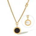 Golden stainless steel long necklace with black shell pendant and roman numerals - Gold
