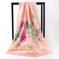 Pink satin square scarf featuring elegant peony flower prints and a silky texture - Snow Bud Base Peony (SD90-29-2)