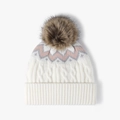 Berretto invernale a maglia con pompon in filato crema e motivi a onde rosa e grigi - Taglia unica / Bianco