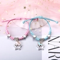 Rosa und blaue gewebte Paar-Armbänder mit silbernen Katzen- und Sternanhängern und Strass - Katze und Stern (2er-Set - Buntes Seil)