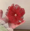 Elegant large red orchid hair clip with layered organza petals and pearl stamen detail - Red Organza Flower (20)