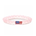 Detail of pink beaded stretch bracelet with American flag charm on white background - Rose Quartz Long