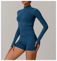 Detail of blue high-stretch yoga jacket with thumbhole cuffs and stand collar zip - Navy Blue