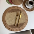 Handcrafted round paper rope placemat with beige and brown segments and fringe edges - Khaki Beige with Khaki Fringe (35cm Round)