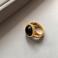 French vintage style gold ring with a large round black onyx stone and beaded edges - Ring-Black