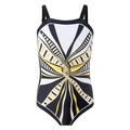 Girl's athletic one-piece swimsuit with black, white, and yellow geometric patterns - 104 / Black Geometric Print