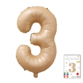 Cream colored number 3 foil balloon with matte finish and original retail packaging - 40-inch Caramel-colored 3-strap Paper Card