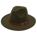 Detail of dark green cashmere fedora with a slim brown leather strap and gold buckle - M (56-58cm) / Army Green