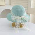 Detail of mint green straw sun hat with delicate white lace floral embroidery bow - 52cm (3-6 Years) / Hat Only / Blue