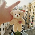 Beige teddy bear plush keychain with striped heart embroidery and silver bead chain - Pink Heart Bear