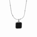 Minimalist silver stainless steel bead chain necklace with square black pendant - Silver