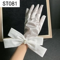 Detail of white satin bridal gloves featuring a large bow and pearl accents - White Satin Large Bowknot Three Pearls (ST081)