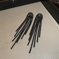 Macro view of long black fringe earrings with intricate pavé crystal tassel details - Gun Black Semicircle Square Tassel Style (Silver Needle)