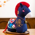 Chinese folk style blue plush horse mascot with auspicious embroidery and tassels - Height: 22cm / Blue