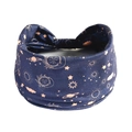 Macro detail of navy blue wide headband with golden sun moon and star celestial prints - Sun God (Halloween)