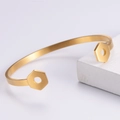 Brushed gold stainless steel open bangle with hexagonal details for men stylish design - Gold (AML-MS-021)