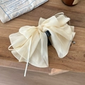 Pince à cheveux nœud à pois blanc crème avec longs pompons et perles claires - Nœud en Maille Blanc / Beige