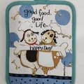 Thick cotton baking mat with blue trim featuring cute dog illustration and happy dog slogan - 2 Dogs