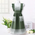 Princess style forest green cotton apron with white lace embroidery and ruffles - Dark Green (Lace Solid)