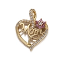 Golden heart pendant with cursive Mom lettering and pink gemstone flower for necklace - Pink Flower Heart Mom Pendant (YSN016-01)