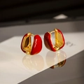 French vintage style red enamel C-shaped huggie earrings with gold metal finish - Ear Buckle / 18K Gold Burgundy Red