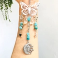 Silver butterfly suncatcher with blue crystal beads and celestial moon star charms - Amazonite